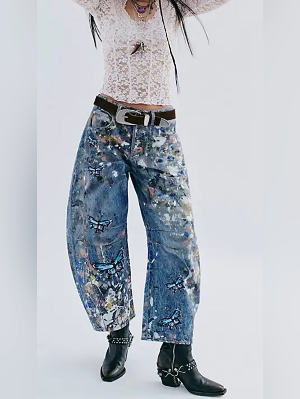 Free People Blue Paint-Splatter Wide-Leg Jeans with Butterfly Motif